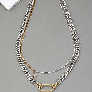 Collier à maillons cubains épais superposés, mélange or et argent, bijou statement, pendentif cadenas, style hip-hop punk, collier tendance - Product Image 6