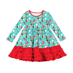 High Quality Custom Print Cotton Kid Dress Long Sleeve Christmas Ruffle Hem Casual Baby Girl Clothes Wholesale Baby Garment