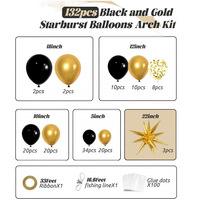 Lot de 132 Pièces Ballons en Latex Noir et Or Kit Arche Guirlande Ballons Fournitures de Décoration pour Anniversaire Mariage Fête