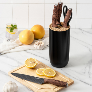 Ensemble de couteaux de cuisine professionnels 6 pièces avec lames noires texturées Poignées en grain de bois et bloc de couteaux <span class=keywords><strong>couteau</strong></span> de cuisine - Product Image 2