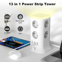 Multiprise tour européenne en gros, 12 prises CA, protection contre les surtensions, 2 ports USB-A/2 ports USB-C, veilleuse, rallonge 3m/10FT, 10A