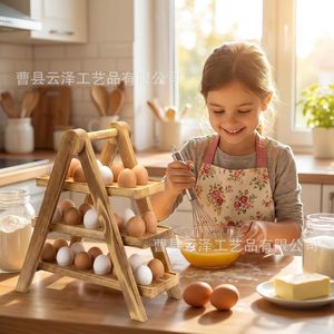 Wooden egg rack, three-tier egg <b>tray</b> storage rack for kitchen countertops, <b>large</b> capacity wooden fresh egg display rack - Product Image 2