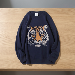 Men's <b>Navy</b> Blue Tiger Print Crewneck <b>Sweatshirt</b> Regular Fit Cotton Knitted Pullover Casual Autumn Wear - Product Image 1