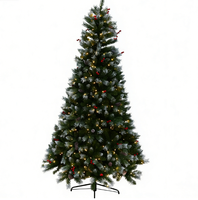 Künstlicher Stehender Weihnachtsbaum 2,3m Vorbeleuchtet Schneebedeckt Vorgedekoriert mit Roten Beeren Tannenzapfen Warmweiße LED-Beleuchtung für Zuhause und Feiertage