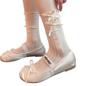 Lace Patterned Mid Calf <b>Socks</b> For Women White Cotton Bow Tie Slouch Style Breathable Summer Ballet <b>Socks</b> - Product Image 5