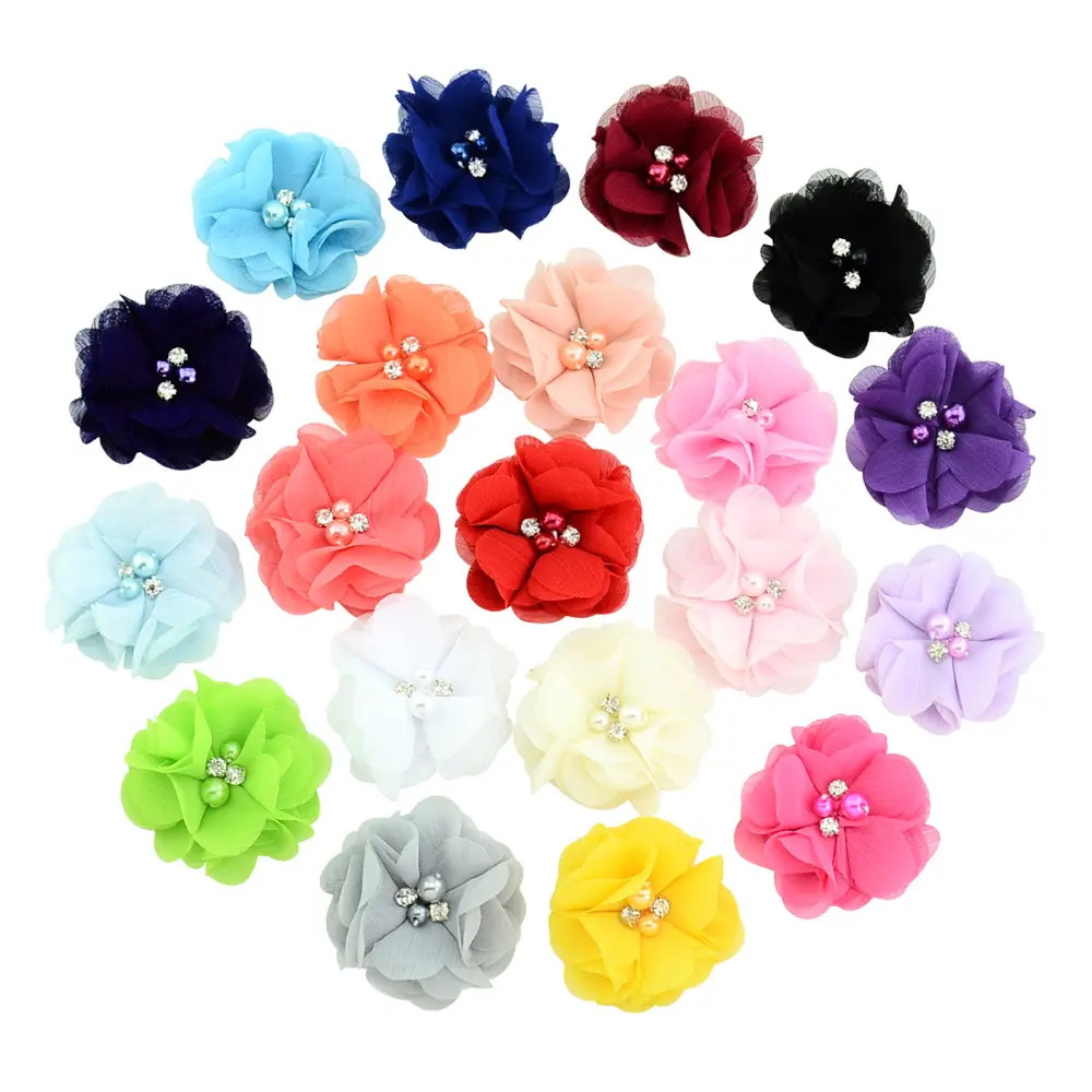 Pearl Rhinestone Chiffon flowers Hair Accessories DIY Flower Bouquet Flowers Decorations No Hair clips for headband