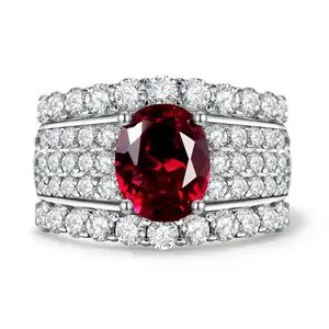 Vintage Sterling Silver Ruby Pave Cubic Zirconia CZ Thick Ring Oval Cut Ruby Wide Band Ring