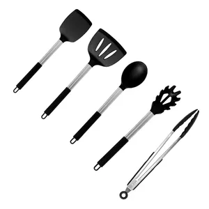 Hot selling silicone stainless steel kitchen utensils sets silicone cooking tools with stainless steel handle silicone kitchen