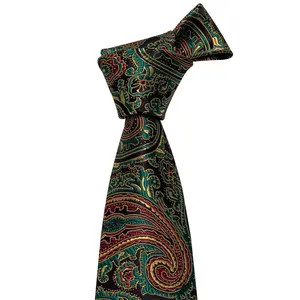 New Fashion Handmade Custom Ready Yellow Green Paisley Style Neckties Men Ties Cufflink Hanky Neck Tie Set With Gift Box