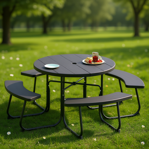 Ensemble de table de pique-nique de jardin d'extérieur avec trou pour parasol, 8 personnes, cadre en acier et plastique, design contemporain, noir - Product Image 2