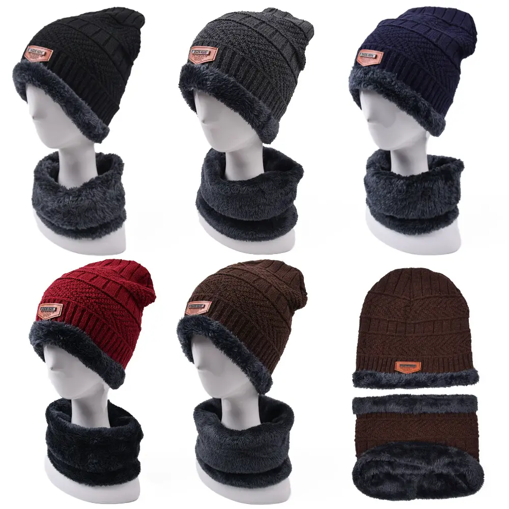 Q04 High Quality Men Thick Infinity Scarf Knit Skull Cap Scarf Hat Set Fleece Lined Slouchy Beanie Warm Winter Hats