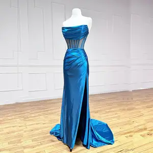 Vente en gros 2023 étage longueur bleu Sexy fente robe de bal sans manches sans bretelles jambe fendue soirée Maxi robe pour les femmes