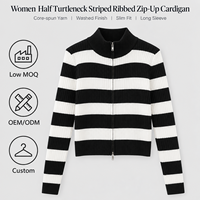 Vente en gros OEM ODM – Nouvelle collection automne-hiver : Cardigan en maille côtelée pour femme, col semi-montant, manches longues, fermeture éclair, à rayures contrastées, style jeune et tendance