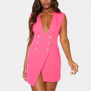 2020 Hot Pink Woven V Neck Sleeveless Asymmetrical Blazer Dress Women Office Suits Ladies
