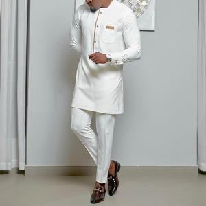Ensemble Kaftan Blanc <span class=keywords><strong>Moderne</strong></span> pour Hommes Africains, 2 Pièces, Tunique à Manches Longues et Pantalon pour Usage Quotidien, Aïd, Ramadan et Événements Décontractés - Product Image 2