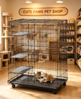 Cage pour chat en métal noir à monter soi-même avec roulettes, zone de jeu spacieuse, étagères de repos amovibles, tapis en peluche pour chats d'intérieur multiples
