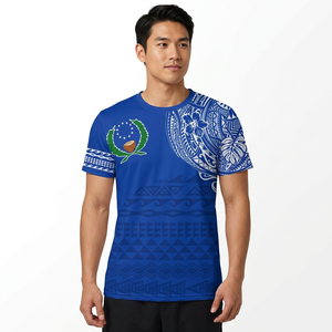 เสื้อยืดลายสักโพลีนีเซียนสีน้ำเงินผู้ชายแขนสั้นคอกลมพิมพ์ลายผ้าฝ้ายผสมสตรีทแวร์ชุดลำลอง - Product Image 3