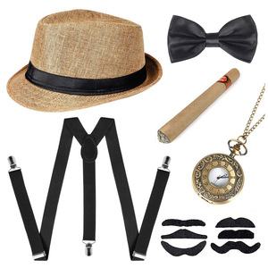 Ensemble d'accessoires pour homme des années <span class=keywords><strong>1920</strong></span> : Chapeau Fedora, Bretelles, Brassards, Nœud papillon à nouer, et Oreilles – Kit de déguisement - Product Image 3