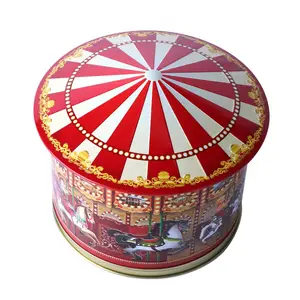 Custom Metal Round Container Carousel Tin Box Candy Biscuit Hand Cranking Food Grade Music Christmas Tin Bo