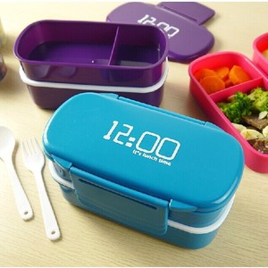 Double Layer Plastic <b>Lunch</b> <b>Box</b> Rectangle Solid Color With Lid For Children Student Use - Product Image 1