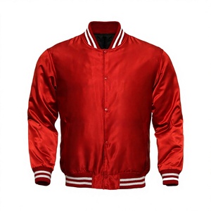 Veste de baseball en satin rouge personnalisée pour homme, coupe classique, couleur unie, col rabattu, fermeture boutonnée, style décontracté d'automne, fabriquée au Pakistan - Product Image 1