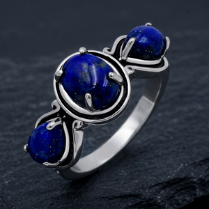 Gourik Women's <b>Lapis</b> <b>Lazuli</b> 925 Sterling Silver Statement <b>Ring</b> Handmade Vintage Three Stone Wedding Setting Jewelry - Product Image 3