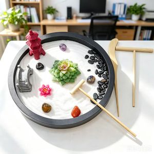 Mini-jardin zen japonais en gros, kit de jardin zen <span class=keywords><strong>miniature</strong></span> rond avec roches et sable pour bureau ou maison, cadeau de bureau - Product Image 1