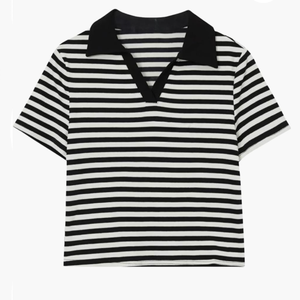 T-shirt <span class=keywords><strong>Polo</strong></span> a maniche corte da donna e da ragazza a righe in cotone bianco e nero di colore oversize - Product Image 2