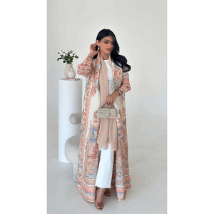 LEDUO Customized Elegant Vintage Women Floral Print Pleated Puff Sleeve Open Style Maxi Modest Muslim Wear - Product Image 1