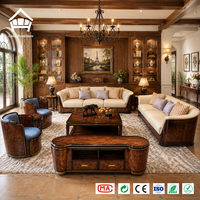 Ensemble de canapés Chesterfield en bois de palissandre brillant avec fauteuils en cuir bleu roi, suite de salon carrée, mobilier pour projets de villas/hôtels
