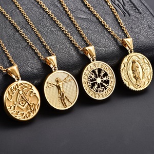 Collier pendentif rond vintage en acier inoxydable pour femmes et hommes, chaîne couleur or, breloques religieuses, accessoires de bijoux en métal DIY - Product Image 1