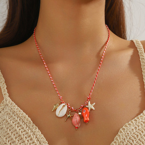 Collier de plage Boho <span class=keywords><strong>cordon</strong></span> macramé tissé à la main <span class=keywords><strong>avec</strong></span> coquillage/étoile de mer/breloques de poisson en céramique <span class=keywords><strong>bijoux</strong></span> d'été réglables pour les festivals de musique - Product Image 2