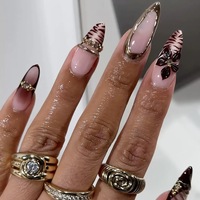 H005-18 Kaixin Grosir Kuku Palsu Pendek Bentuk Almond Warna Nude Pink Coklat French Tip Motif Foil Emas Zebra Print Bunga Mengkilap