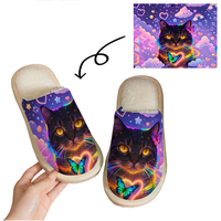 Chaussons Doux et Chauds en Coton Doux et Moelleux à Imprimé Chat Noir Rêveur avec Semelle Extérieure en EVA pour Femme et Homme – Idéal Printemps, Hiver, Maison, Cadeau