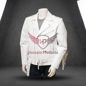Chaqueta de cuero con flecos blancos para hombre hecha a mano-Prendas de abrigo de estilo occidental personalizables para caballeros de moda - Product Image 3