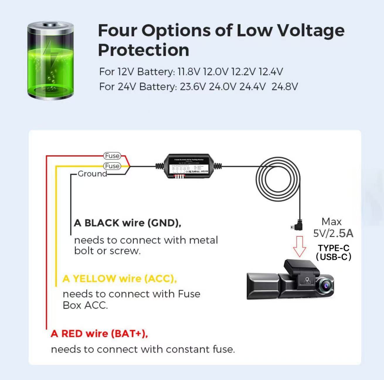 Dash Cam Hardwire Kit Adjustable Low Voltage Cut-off for 4K Dash Cam Step Down Power with 8 Fuse Taps for 70Mai HIKVISION · image 3