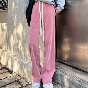 新しい女性ロングリブニットパンツ春夏ワイドレッグカジュアルパンツハイストレッチドローストリングレディルーズストレートパンツ - Product Image 2
