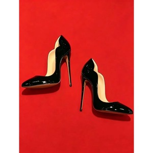 12cm Luxury Scalloped Edge <b>Red</b> Anti-Slip Rubber Sole Lightweight Patent Leather Pointed Toe Korean Style Summer Stiletto <b>Heels</b> - Product Image 3