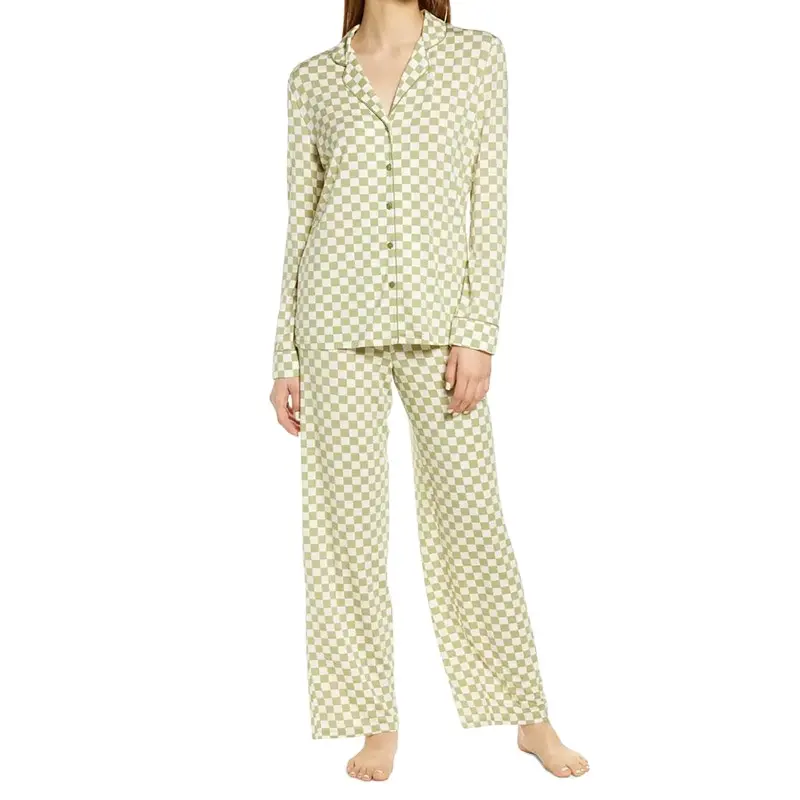 Hoge Kwaliteit Vrouwen Lange Mouwen Katoenen Pyjama Met Dambord Gevouwen Hals