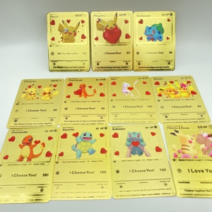 Tarjeta Metálica Dorada Personalizada de Feliz Pascua con Pikachu y sus Amigos, Regalo para Pascua - Product Image 1