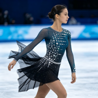 Robe de patinage artistique à manches longues, couleur bleu sarcelle et noir, avec strass, en maille, pour enfants et adultes, pour compétitions sur glace