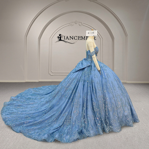 Vestido de Quinceañera Azul Brillante Xy008, Largo hasta el Suelo, con Cuentas de Lujo y Encaje, Hombros Descubiertos, para Fiesta de Cumpleaños - Product Image 4