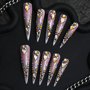 Vente en gros d'ongles artificiels en acrylique faits à la main, faux ongles carrés à couverture complète, dégradé rose et blanc, design avec strass, personnalisable. - Product Image 1