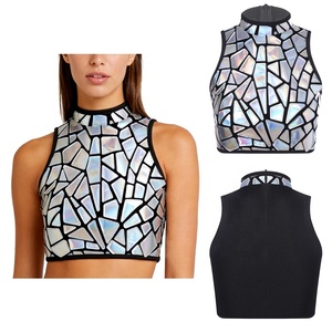 Womens Silver Sequin Dance Tank <b>Tops</b> Metallic Mosaic <b>Mock</b> <b>Neck</b> Sleeveless Latin Dancewear Stage Performance Kids Ballroom Custom - Product Image 2