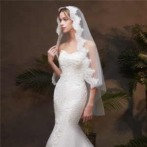 WAN200 — voile de mariée blanc en dentelle ivoire, livraison gratuite, courte, une étape, voile à doigt de mariage avec peigne - Product Image 1