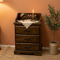 Commode traditionnelle en bois massif à 3 tiroirs avec panneau arrière Jali, composants en acier de style mid-century modern, autoportante, pliable, écologique