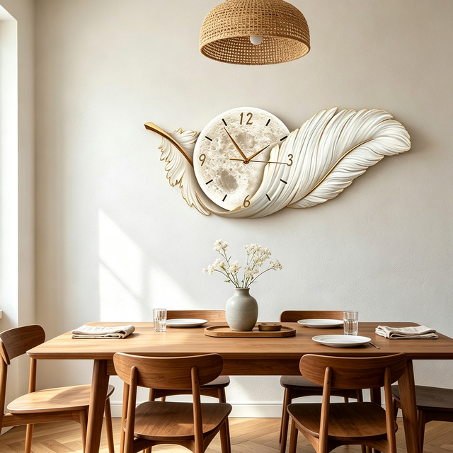 Creative Feather Pattern Quartz Analog Wall Decor Clock Silent Illuminated Decorative Hanging Clock for Living Room Hotel Office