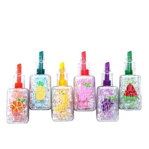 Lot de 6 stylos surligneurs promotionnels non effaçables, motif fruits à paillettes, 6 couleurs, taille mini, pointe de pinceau oblique - Product Image 1