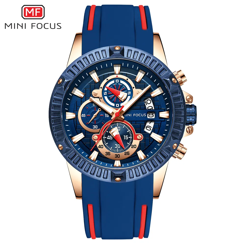 มินิโฟกัส MF0244G กีฬาผู้ชายนาฬิกาสีฟ้าควอตซ์กันน้ำสายยางทั้งหมดหมุนปฏิทินการทำงานแบรนด์ชั้นนำหรูหราเย็นนาฬิกา