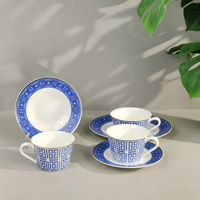 Ensemble élégant de tasses et soucoupes en porcelaine fine bleue à motifs géométriques, 2 tasses 2 soucoupes, bordure argentée, style vintage, pour café et thé, décoration d'intérieur, cadeau